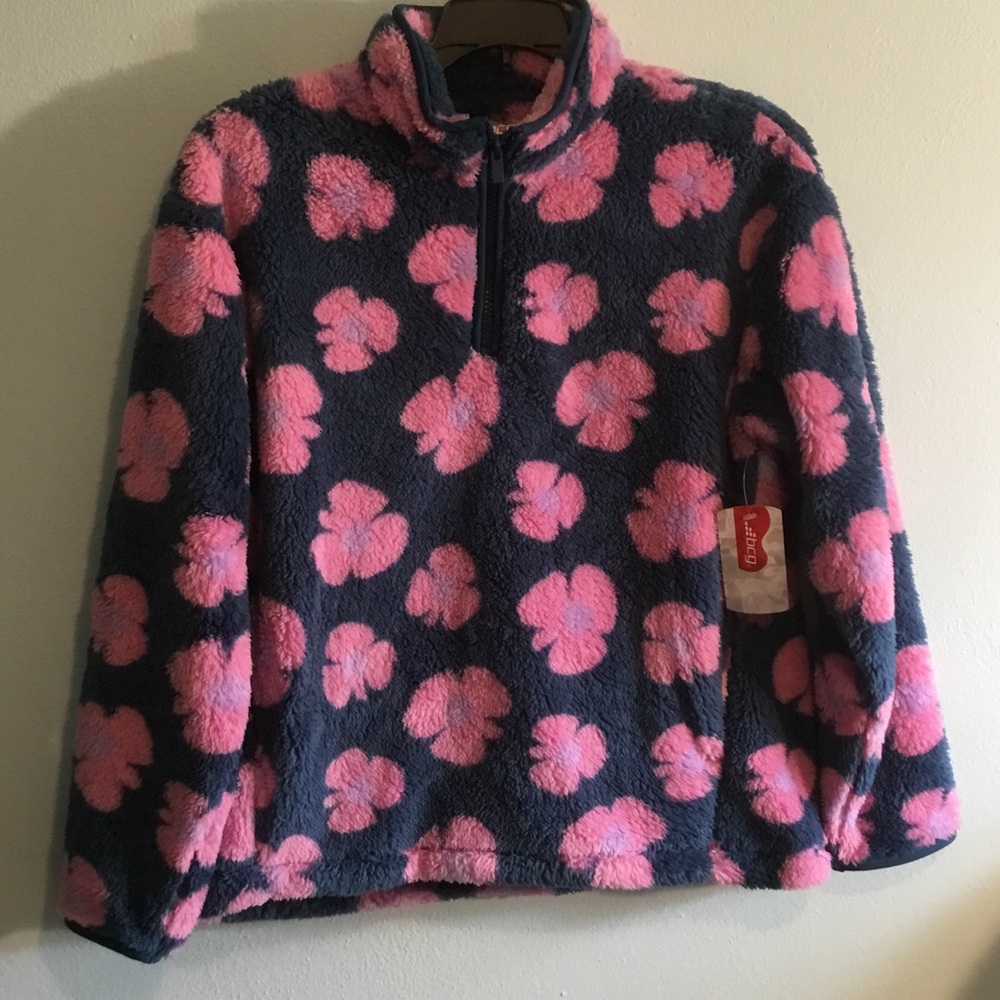 bcg Blue Fleece Pullover with Pink Floral Print